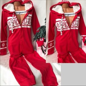 PINK Victoria’s Secret S HOODED SHERPA ONESIE PJ ONE PIECE HOLIDAY